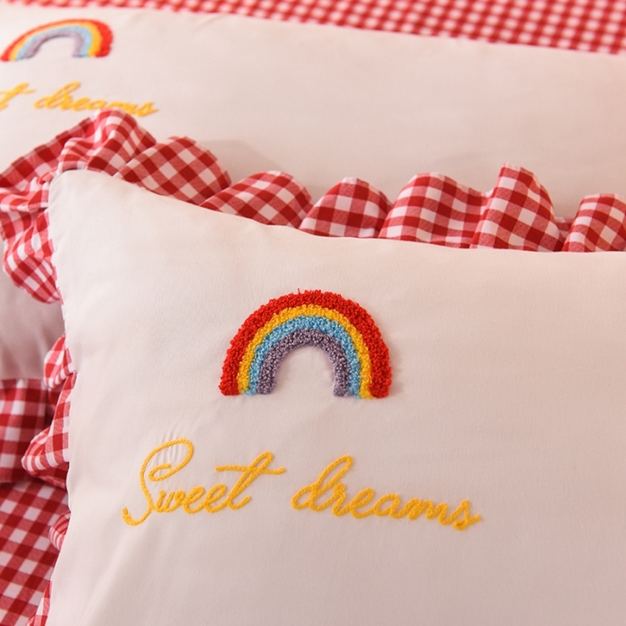 91家纺网 家纺一手货源 找家纺 欧冠家纺 2020新款毛巾绣色织四件套 彩虹-富贵红