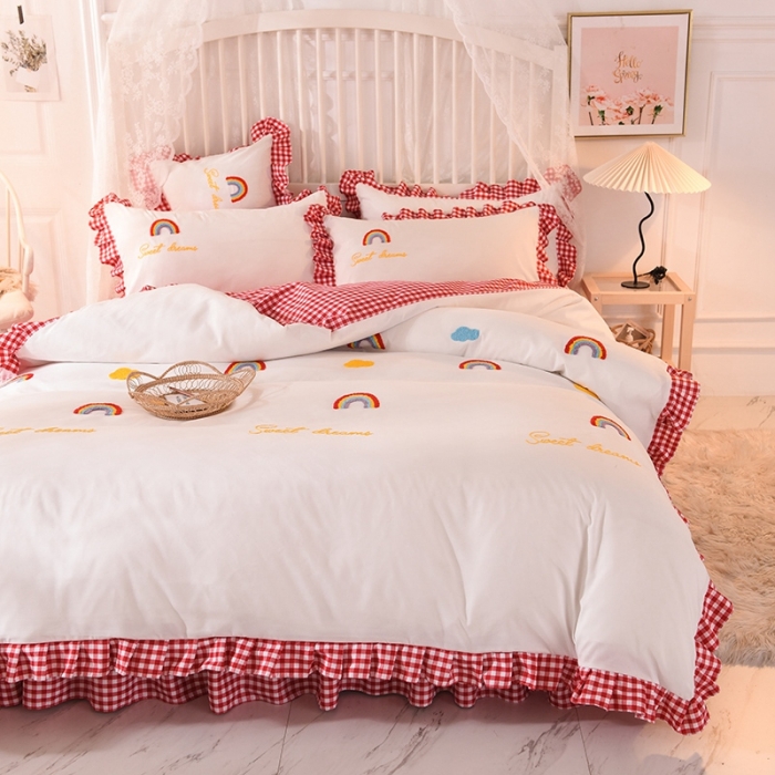 91家纺网 家纺一手货源 找家纺 欧冠家纺 2020新款毛巾绣色织四件套 彩虹-富贵红