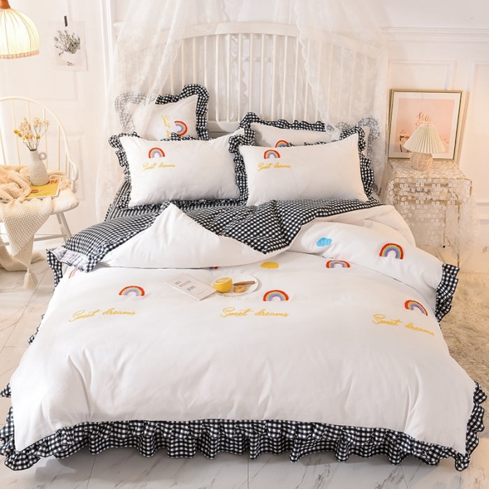 91家纺网 家纺一手货源 找家纺 欧冠家纺 2020新款毛巾绣色织四件套 彩虹-黑白