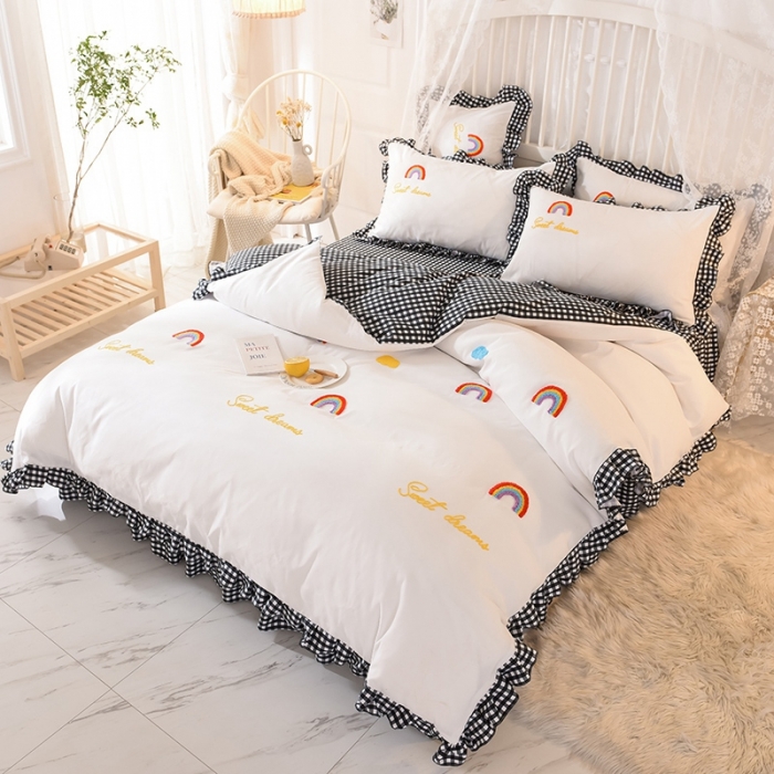 91家纺网 家纺一手货源 找家纺 欧冠家纺 2020新款毛巾绣色织四件套 彩虹-黑白