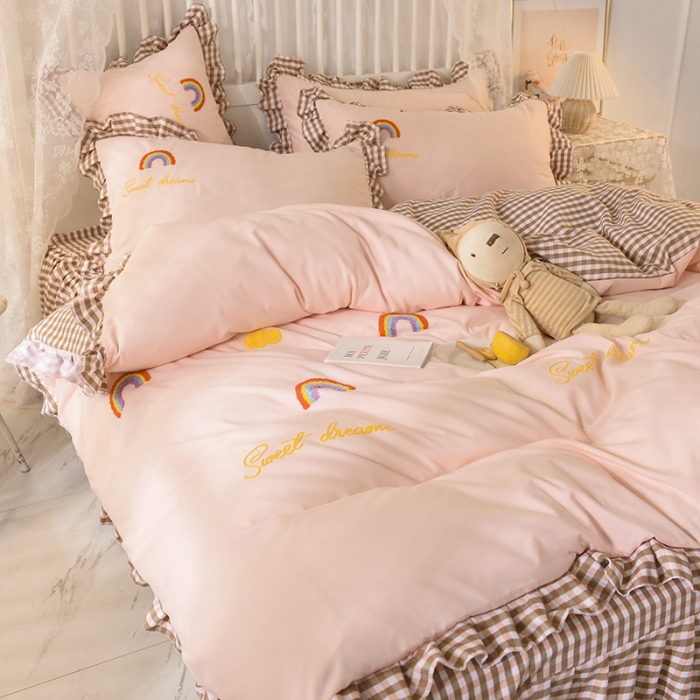 91家纺网 家纺一手货源 找家纺 欧冠家纺 2020新款毛巾绣色织四件套 彩虹-玉色