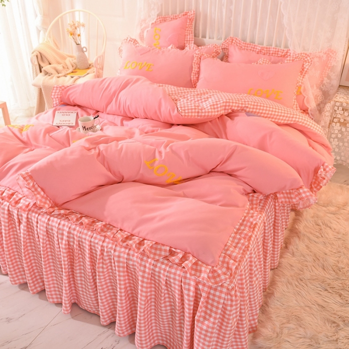 91家纺网 家纺一手货源 找家纺 欧冠家纺 2020新款毛巾绣色织四件套 倾心-粉色