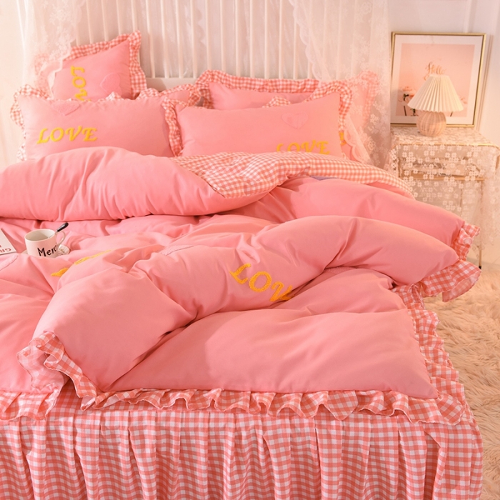 91家纺网 家纺一手货源 找家纺 欧冠家纺 2020新款毛巾绣色织四件套 倾心-粉色