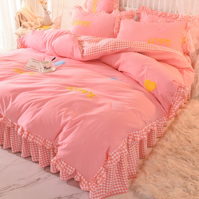 91家纺网 家纺一手货源 找家纺 欧冠家纺 2020新款毛巾绣色织四件套 倾心-粉色