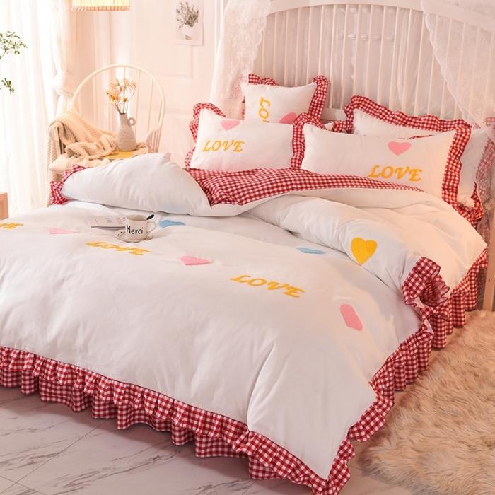 91家纺网 家纺一手货源 找家纺 欧冠家纺 2020新款毛巾绣色织四件套 倾心-富贵红