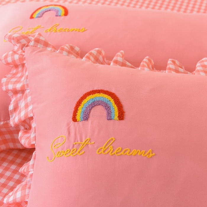 91家纺网 家纺一手货源 找家纺 欧冠家纺 2020新款毛巾绣色织四件套 彩虹-粉色