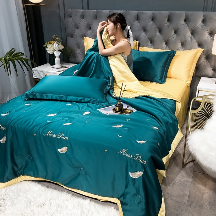 91家纺网 家纺一手货源 找家纺 澳梵 2022新款莫代尔绣花夏被四件套 羽毛-绿