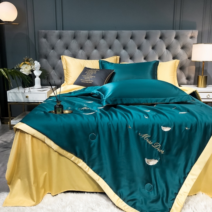 91家纺网 家纺一手货源 找家纺 澳梵 2022新款莫代尔绣花夏被四件套 羽毛-绿