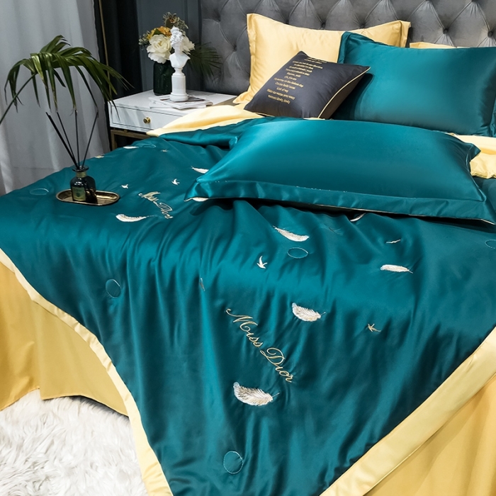 91家纺网 家纺一手货源 找家纺 澳梵 2022新款莫代尔绣花夏被四件套 羽毛-绿