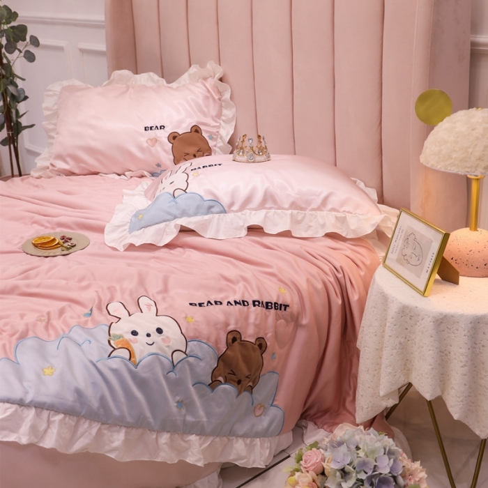 91家纺网 家纺一手货源 找家纺 星野 2020新款夏被凉席三件套 小兔与小熊的故事粉