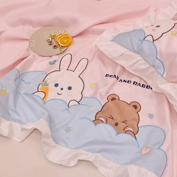 91家纺网 家纺一手货源 找家纺 星野 2020新款夏被凉席三件套 小兔与小熊的故事粉
