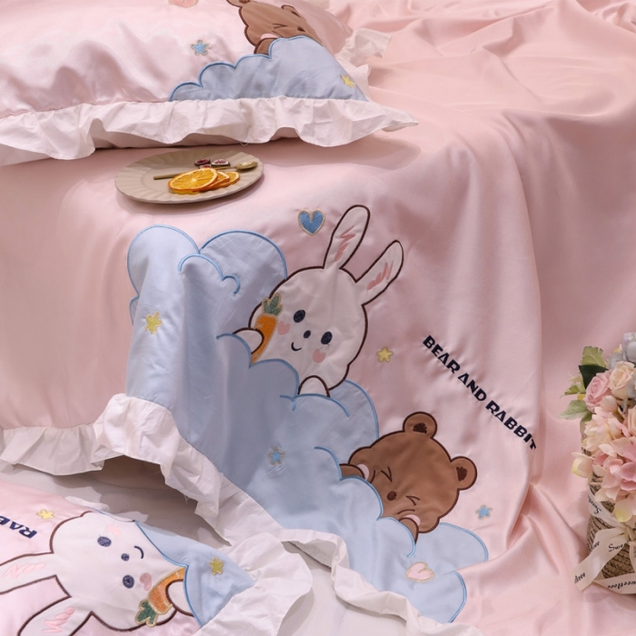 91家纺网 家纺一手货源 找家纺 星野 2020新款夏被凉席三件套 小兔与小熊的故事粉