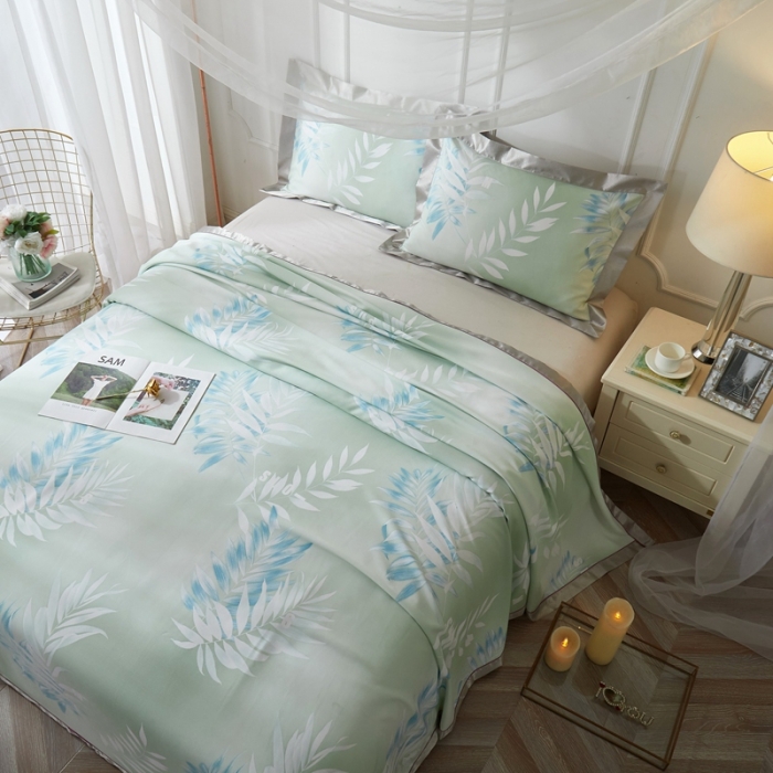 91家纺网 家纺一手货源 找家纺 威克凯丽 2021新款印花款纯竹纤维软凉席三件套 扶春-绿