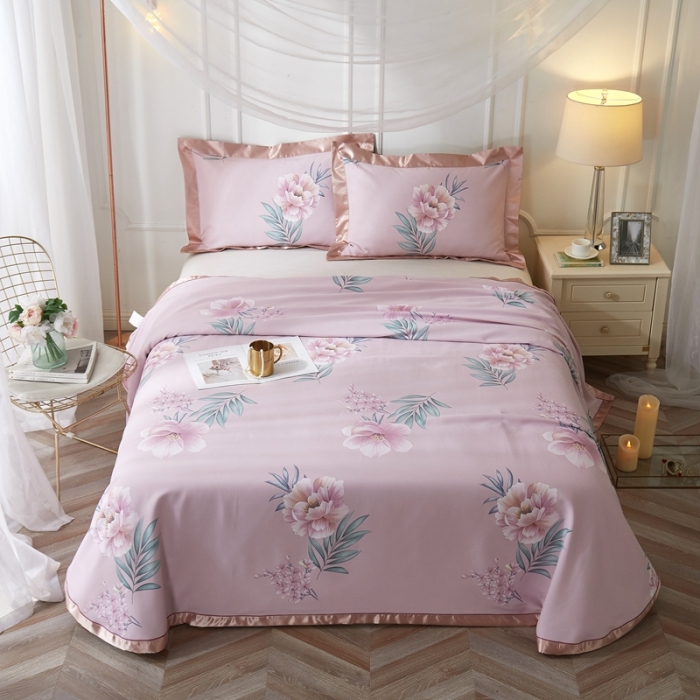 91家纺网 家纺一手货源 找家纺 威克凯丽 2021新款印花款纯竹纤维软凉席三件套 花甜梦暖粉