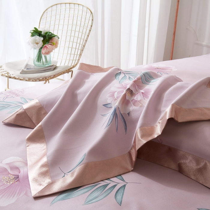 91家纺网 家纺一手货源 找家纺 威克凯丽 2021新款印花款纯竹纤维软凉席三件套 花甜梦暖粉