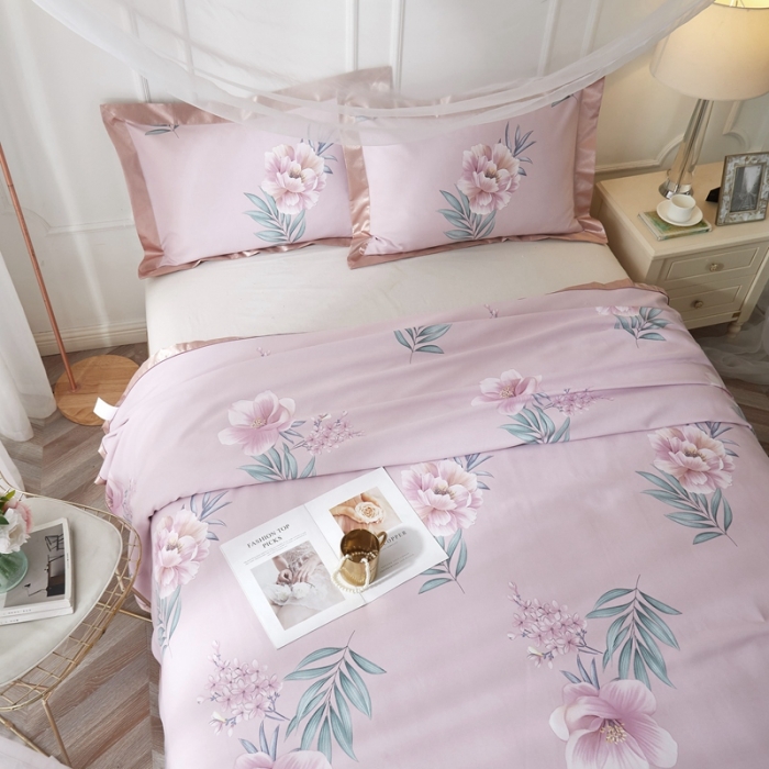 91家纺网 家纺一手货源 找家纺 威克凯丽 2021新款印花款纯竹纤维软凉席三件套 花甜梦暖粉