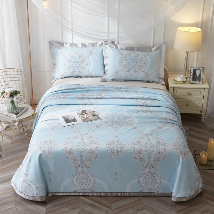 91家纺网 家纺一手货源 找家纺 威克凯丽 2021新款印花款纯竹纤维软凉席三件套 罗密花径兰