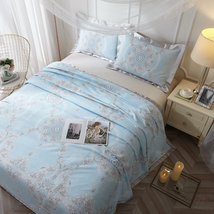 91家纺网 家纺一手货源 找家纺 威克凯丽 2021新款印花款纯竹纤维软凉席三件套 罗密花径兰