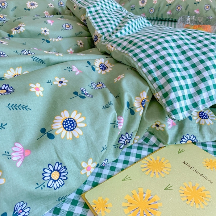 91家纺网 家纺一手货源 找家纺 星期八 2020新款13070全棉四件套亲子系列 向日葵-绿