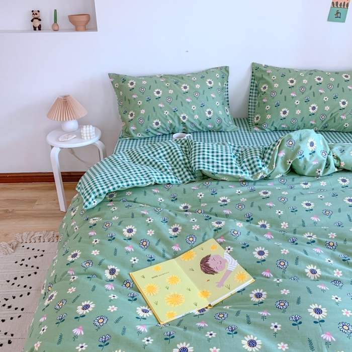 91家纺网 家纺一手货源 找家纺 星期八 2020新款13070全棉四件套亲子系列 向日葵-绿