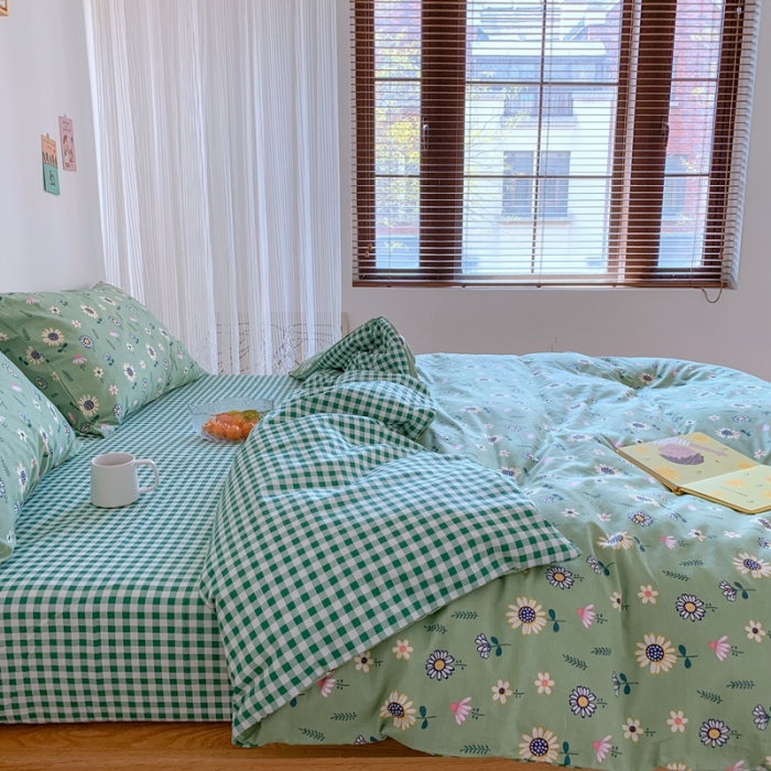 91家纺网 家纺一手货源 找家纺 星期八 2020新款13070全棉四件套亲子系列 向日葵-绿