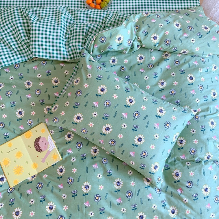 91家纺网 家纺一手货源 找家纺 星期八 2020新款13070全棉四件套亲子系列 向日葵-绿