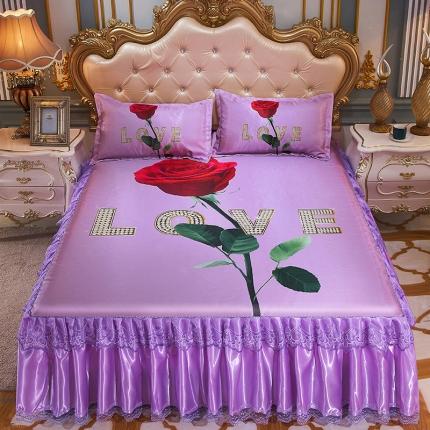 将钰 数码大版印花床裙款冰丝凉席蕾丝花边三件套 玫瑰之恋 紫