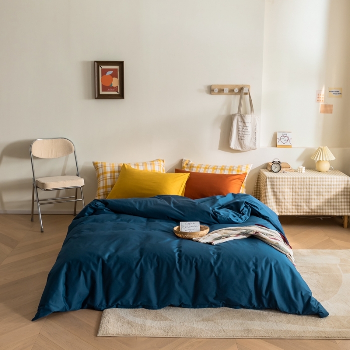 91家纺网 家纺一手货源 找家纺 棉眠 2020新款13374亮色撞色系全棉四件套 藏青色