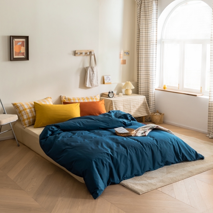 91家纺网 家纺一手货源 找家纺 棉眠 2020新款13374亮色撞色系全棉四件套 藏青色