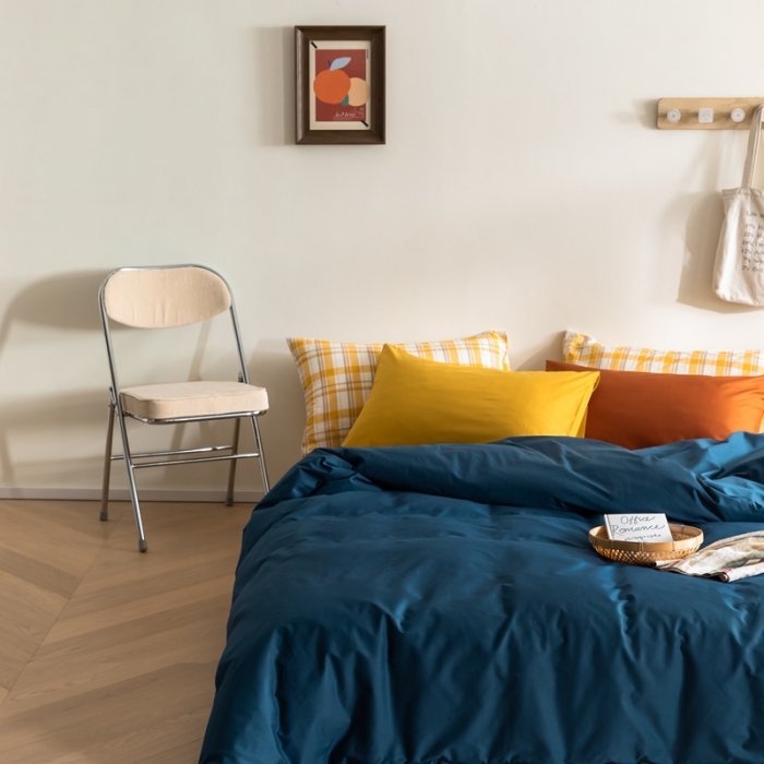 91家纺网 家纺一手货源 找家纺 棉眠 2020新款13374亮色撞色系全棉四件套 藏青色