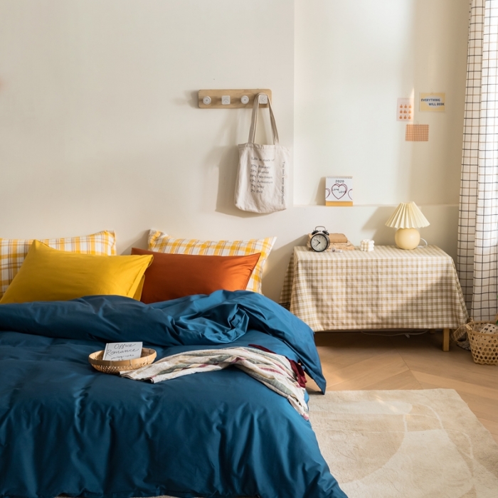 91家纺网 家纺一手货源 找家纺 棉眠 2020新款13374亮色撞色系全棉四件套 藏青色