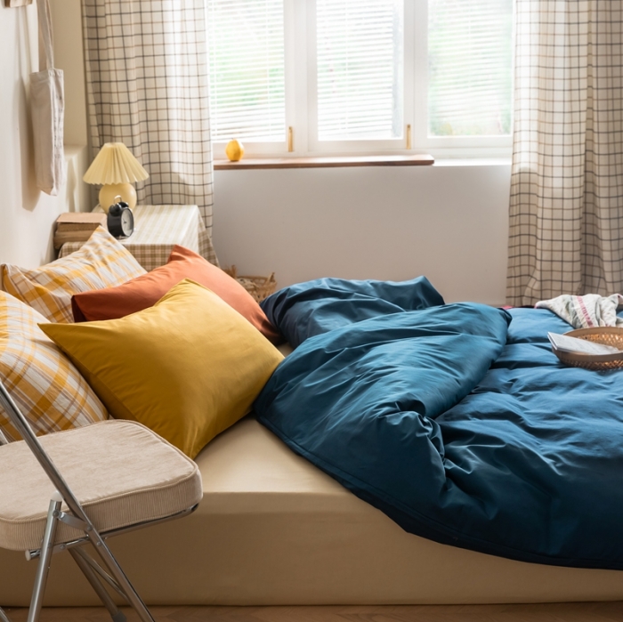 91家纺网 家纺一手货源 找家纺 棉眠 2020新款13374亮色撞色系全棉四件套 藏青色