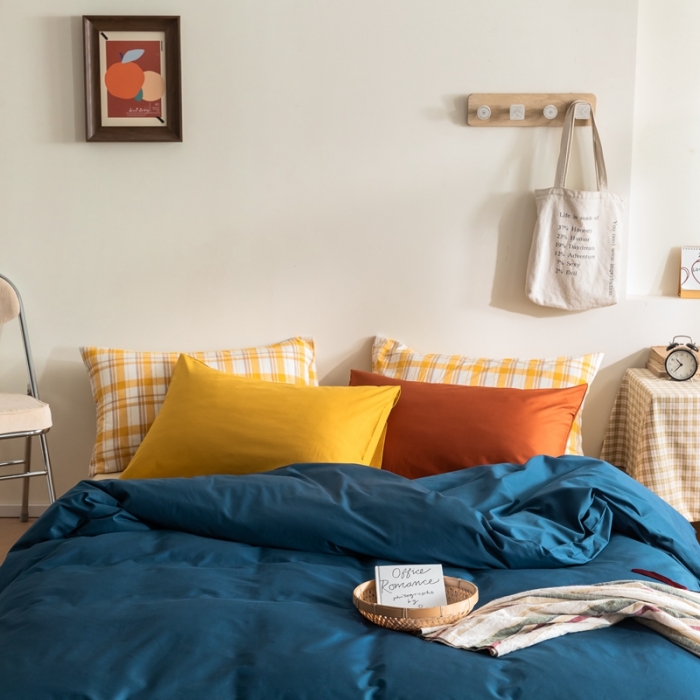 91家纺网 家纺一手货源 找家纺 棉眠 2020新款13374亮色撞色系全棉四件套 藏青色