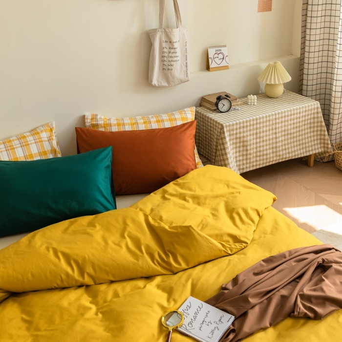 91家纺网 家纺一手货源 找家纺 棉眠 2020新款13374亮色撞色系全棉四件套 姜黄色