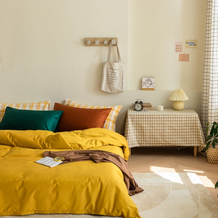 91家纺网 家纺一手货源 找家纺 棉眠 2020新款13374亮色撞色系全棉四件套 姜黄色