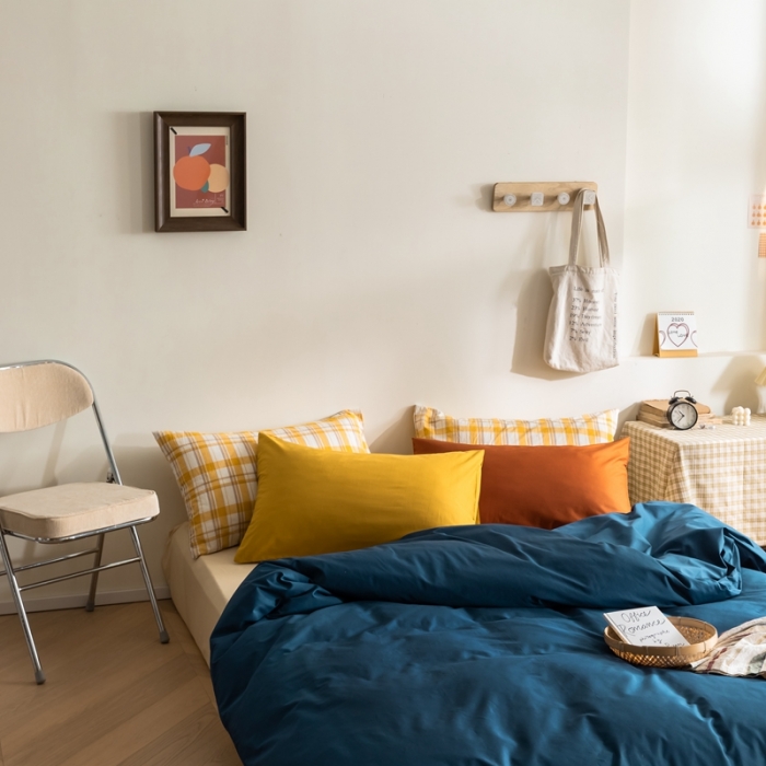 91家纺网 家纺一手货源 找家纺 棉眠 2020新款13374亮色撞色系全棉四件套 藏青色