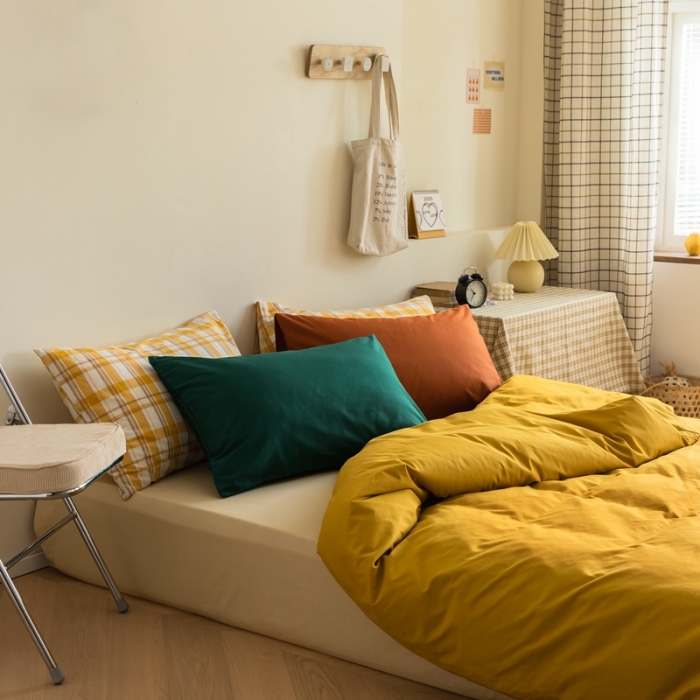 91家纺网 家纺一手货源 找家纺 棉眠 2020新款13374亮色撞色系全棉四件套 姜黄色