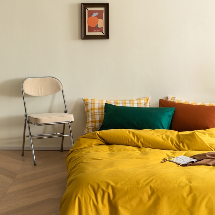 91家纺网 家纺一手货源 找家纺 棉眠 2020新款13374亮色撞色系全棉四件套 姜黄色