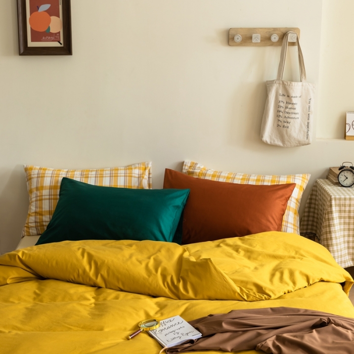 91家纺网 家纺一手货源 找家纺 棉眠 2020新款13374亮色撞色系全棉四件套 姜黄色