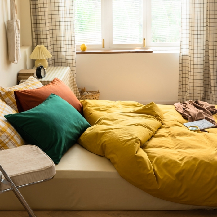 91家纺网 家纺一手货源 找家纺 棉眠 2020新款13374亮色撞色系全棉四件套 姜黄色