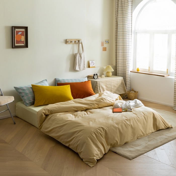 91家纺网 家纺一手货源 找家纺 棉眠 2020新款13374亮色撞色系全棉四件套 奶黄色