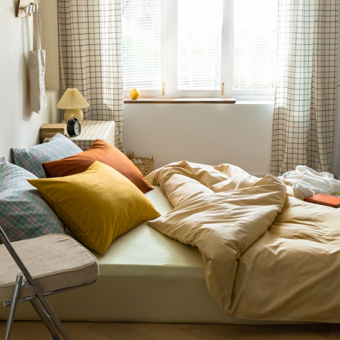 91家纺网 家纺一手货源 找家纺 棉眠 2020新款13374亮色撞色系全棉四件套 奶黄色