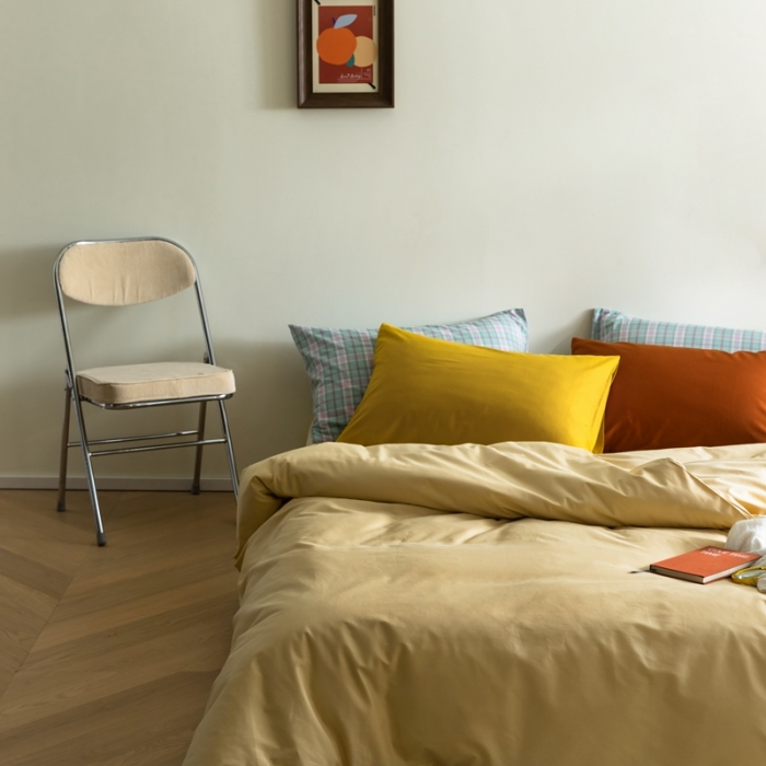 91家纺网 家纺一手货源 找家纺 棉眠 2020新款13374亮色撞色系全棉四件套 奶黄色