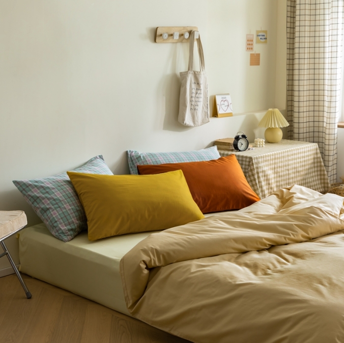 91家纺网 家纺一手货源 找家纺 棉眠 2020新款13374亮色撞色系全棉四件套 奶黄色