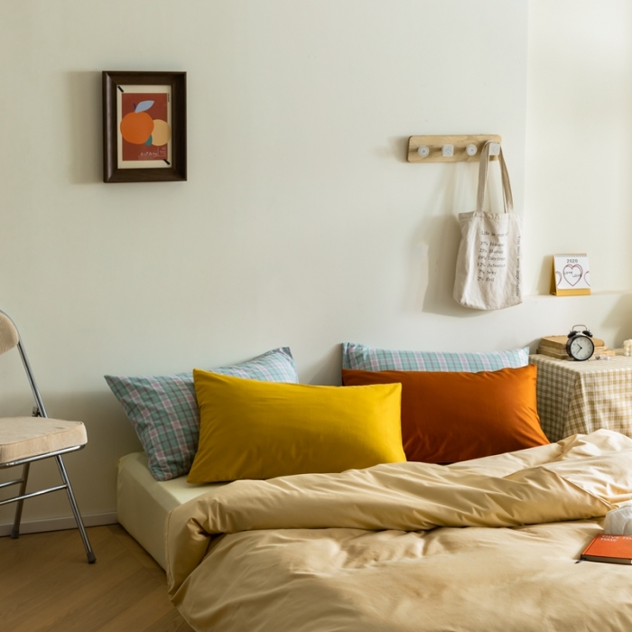 91家纺网 家纺一手货源 找家纺 棉眠 2020新款13374亮色撞色系全棉四件套 奶黄色