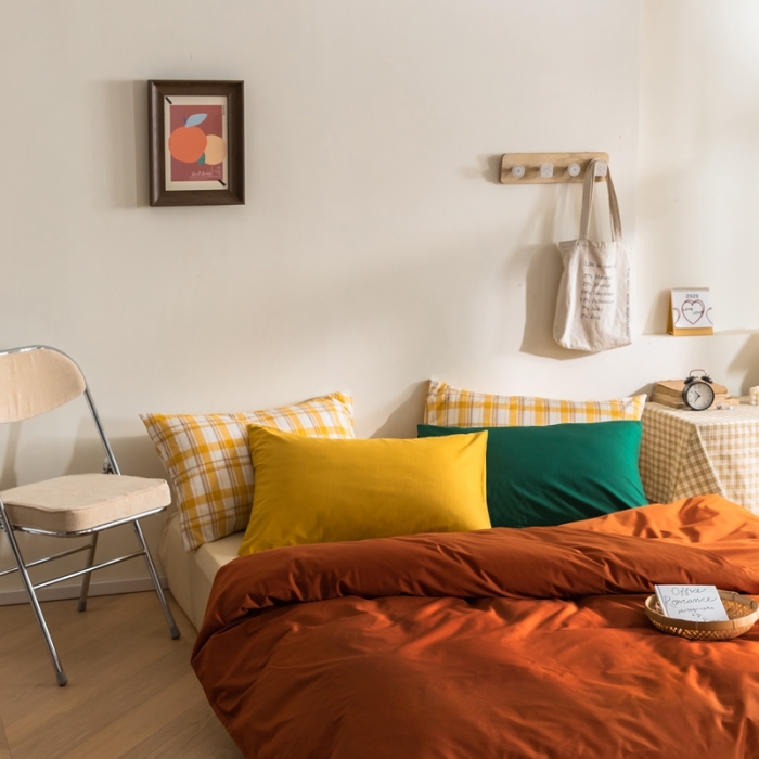 91家纺网 家纺一手货源 找家纺 棉眠 2020新款13374亮色撞色系全棉四件套 南瓜色