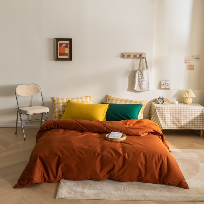 91家纺网 家纺一手货源 找家纺 棉眠 2020新款13374亮色撞色系全棉四件套 南瓜色