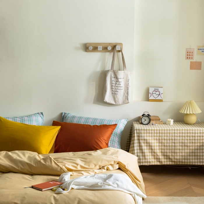 91家纺网 家纺一手货源 找家纺 棉眠 2020新款13374亮色撞色系全棉四件套 奶黄色