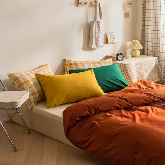 91家纺网 家纺一手货源 找家纺 棉眠 2020新款13374亮色撞色系全棉四件套 南瓜色