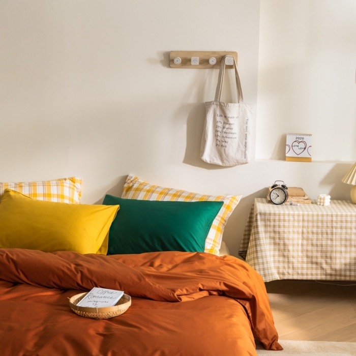 91家纺网 家纺一手货源 找家纺 棉眠 2020新款13374亮色撞色系全棉四件套 南瓜色